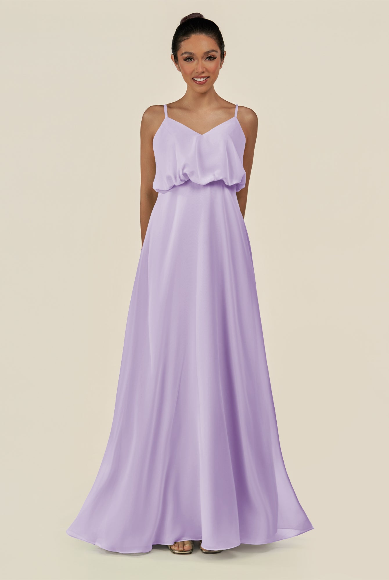 KissDress-Alix Lavender A Line Chiffon V Neck Ruffled Overlay Long Bridesmaid Dress