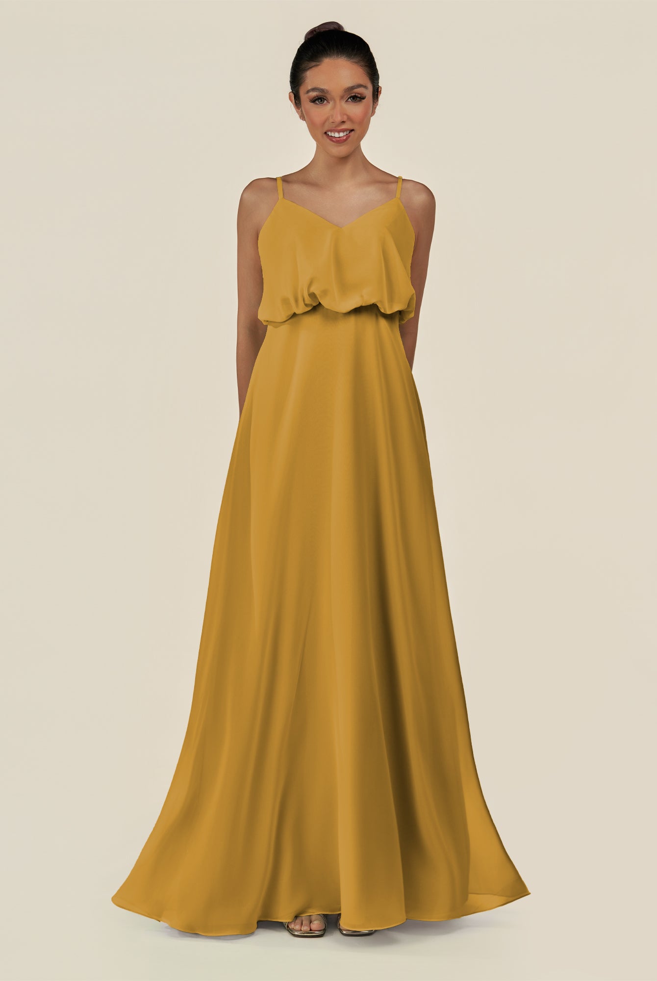 KissDress-Alix Marigold A Line Chiffon V Neck Ruffled Overlay Long Bridesmaid Dress