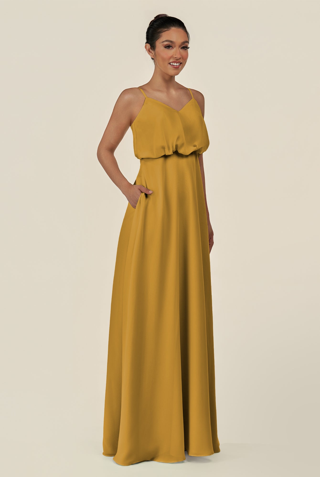 KissDress-Alix Marigold A Line Chiffon V Neck Ruffled Overlay Long Bridesmaid Dress