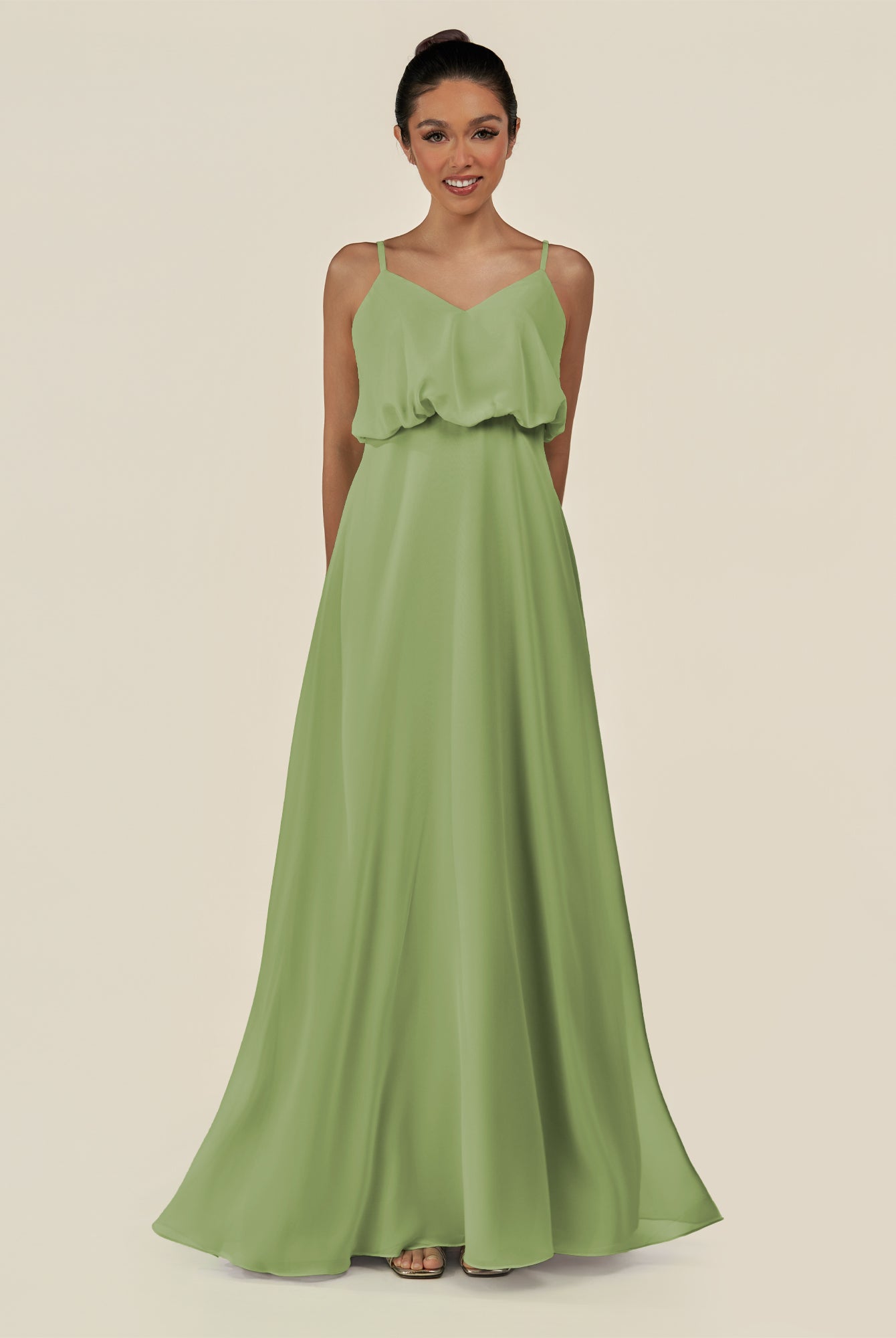 KissDress-Alix Matcha A Line Chiffon V Neck Ruffled Overlay Long Bridesmaid Dress