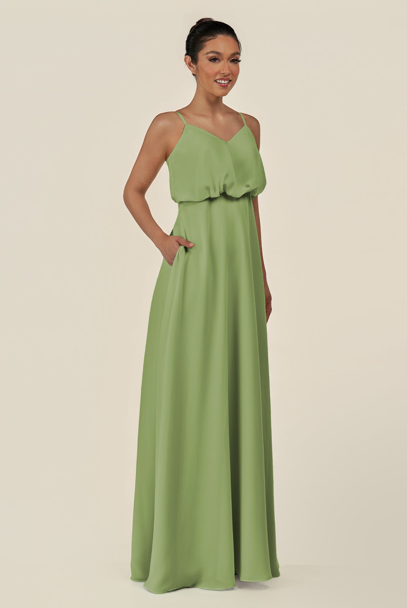 KissDress-Alix Matcha A Line Chiffon V Neck Ruffled Overlay Long Bridesmaid Dress