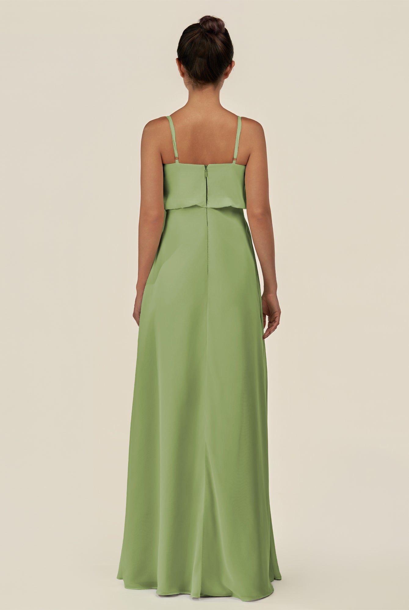 KissDress-Alix Matcha A Line Chiffon V Neck Ruffled Overlay Long Bridesmaid Dress