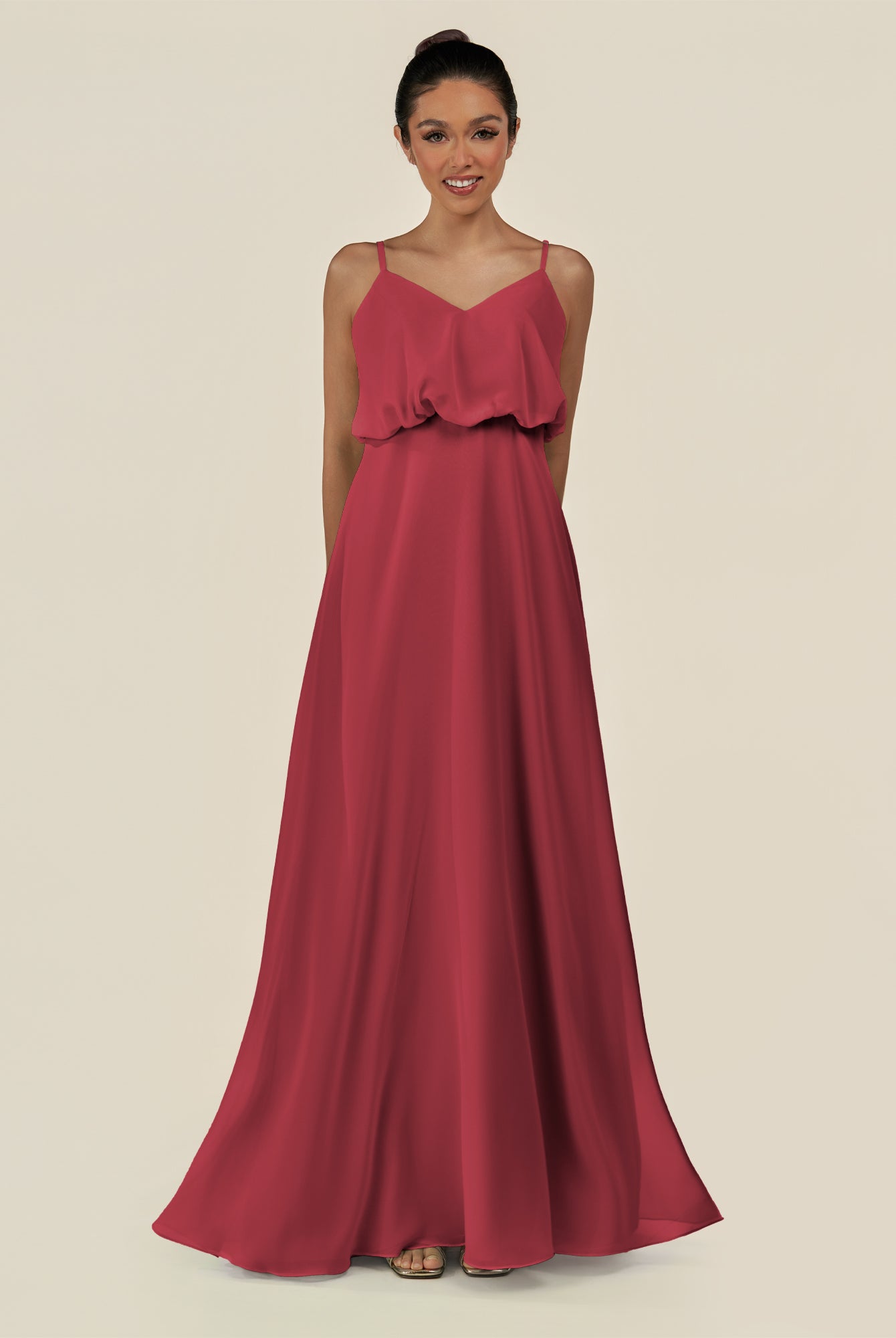 KissDress-Alix Merlot A Line Chiffon V Neck Ruffled Overlay Long Bridesmaid Dress
