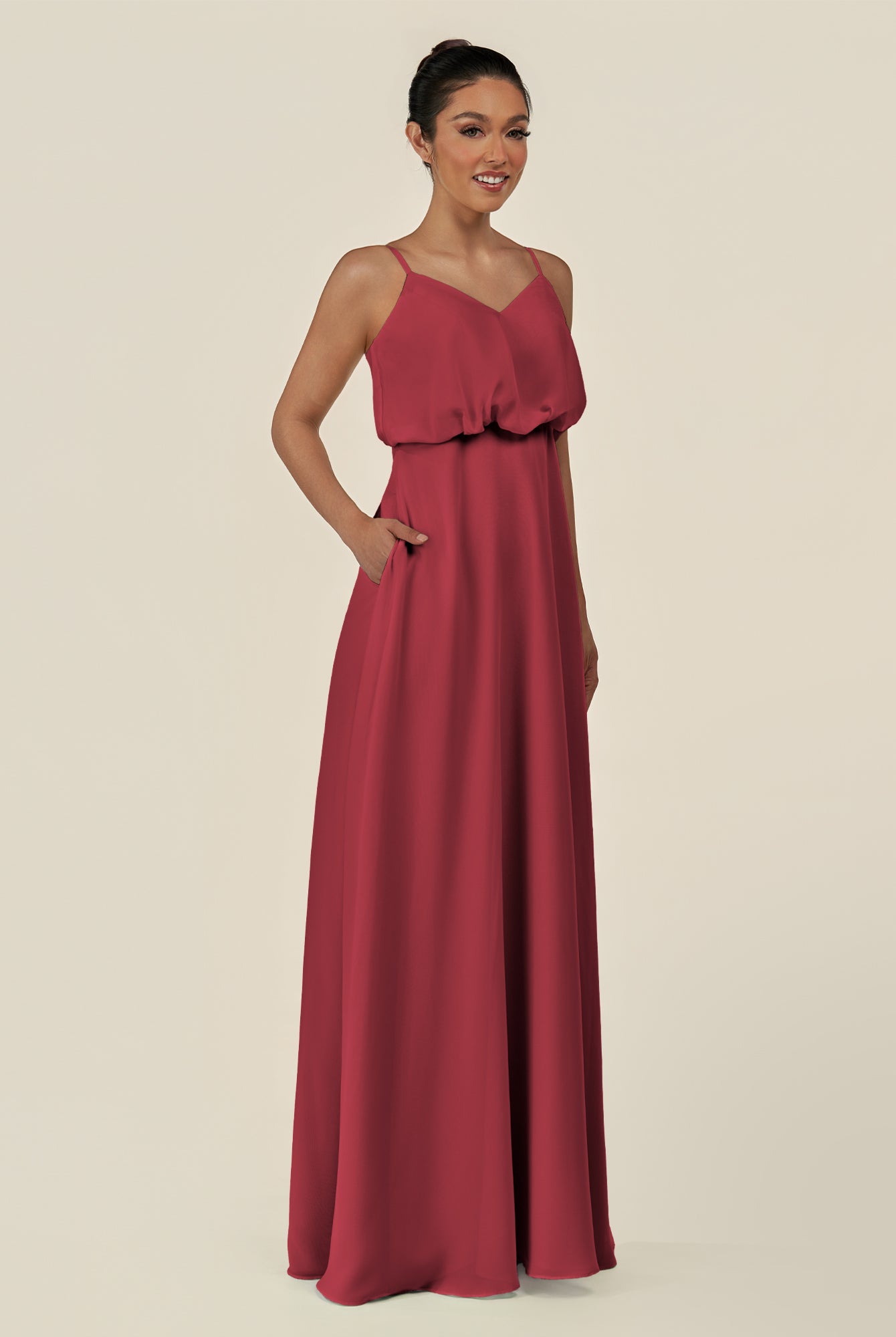 KissDress-Alix Merlot A Line Chiffon V Neck Ruffled Overlay Long Bridesmaid Dress
