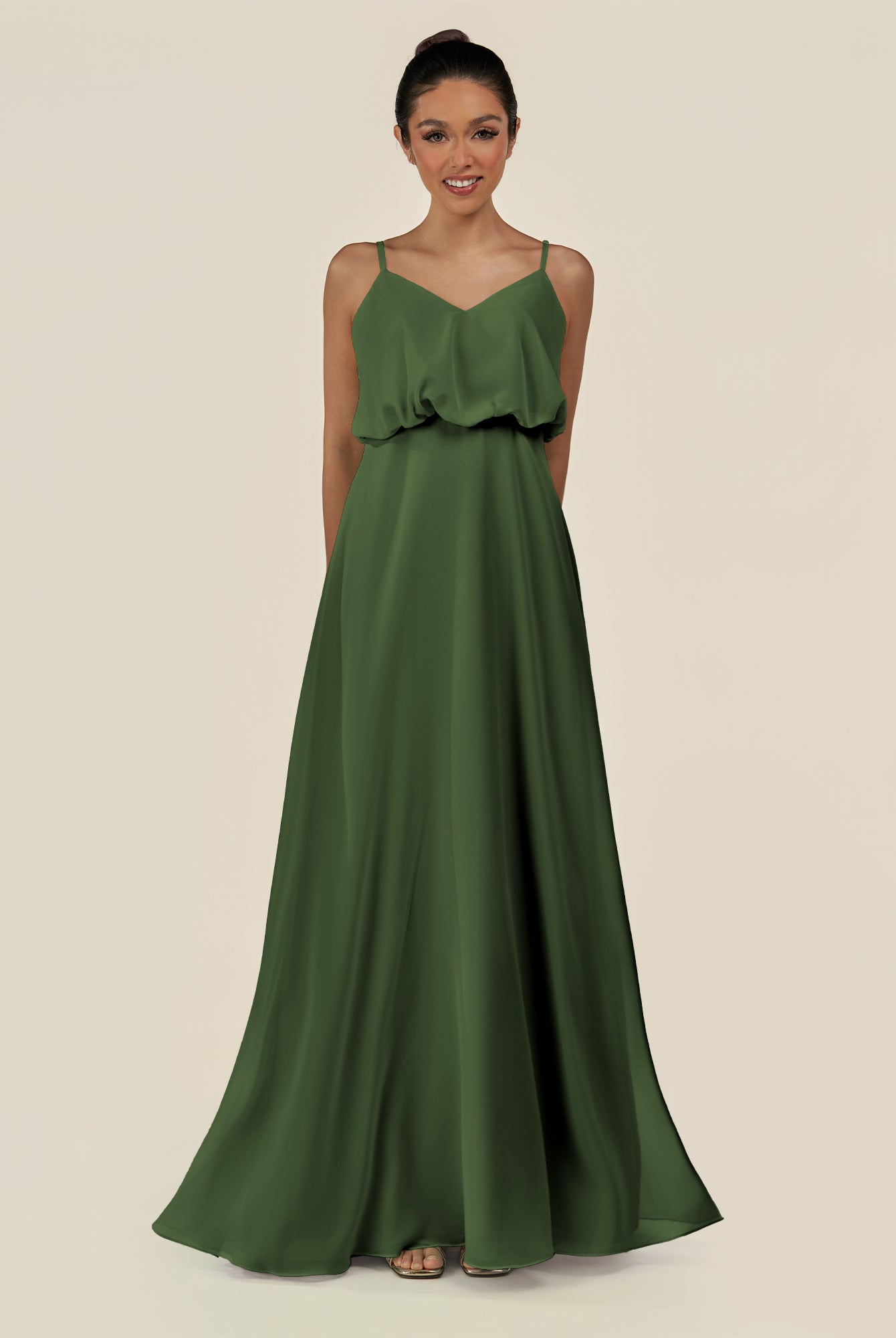 KissDress-Alix Moss A Line Chiffon V Neck Ruffled Overlay Long Bridesmaid Dress