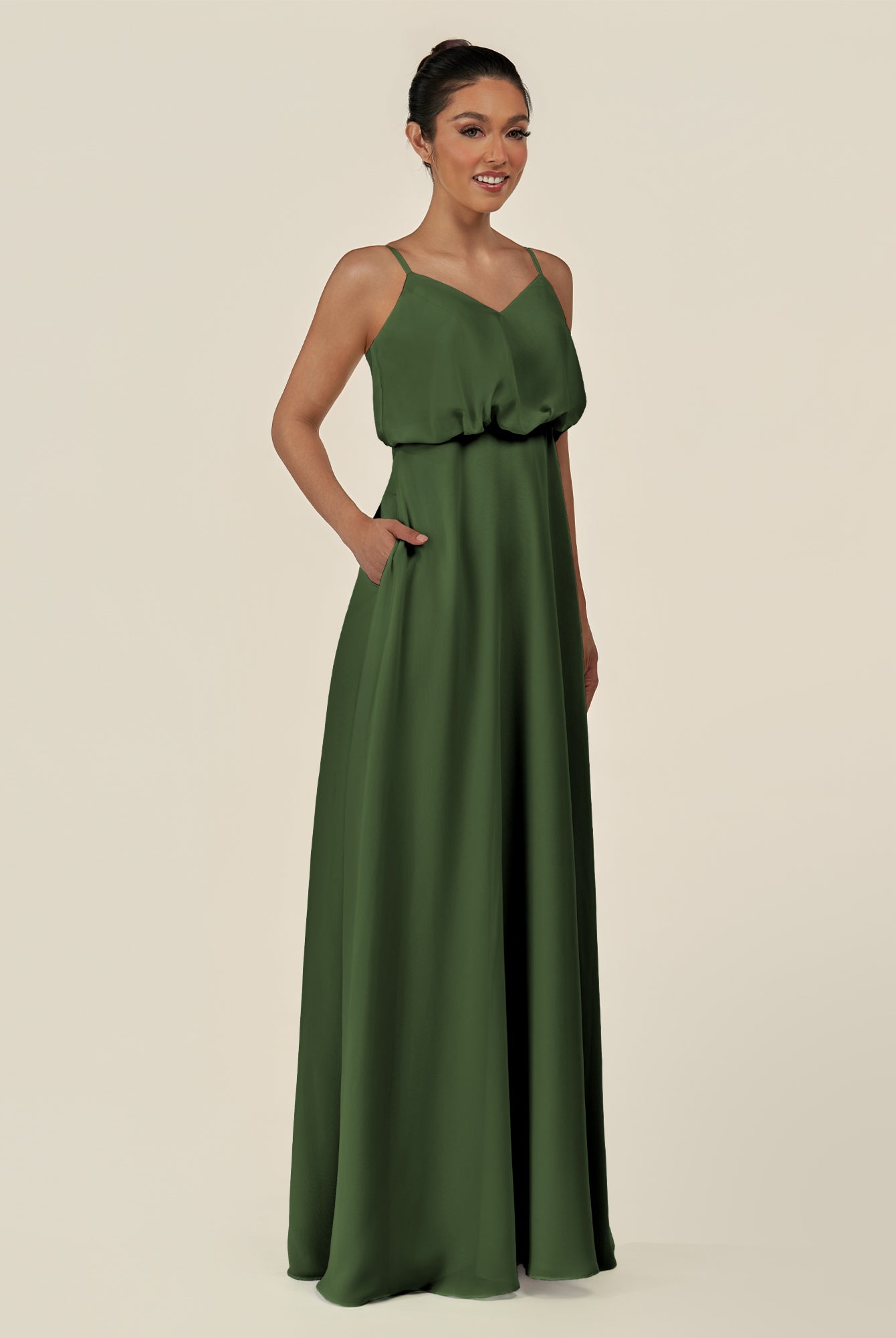KissDress-Alix Moss A Line Chiffon V Neck Ruffled Overlay Long Bridesmaid Dress