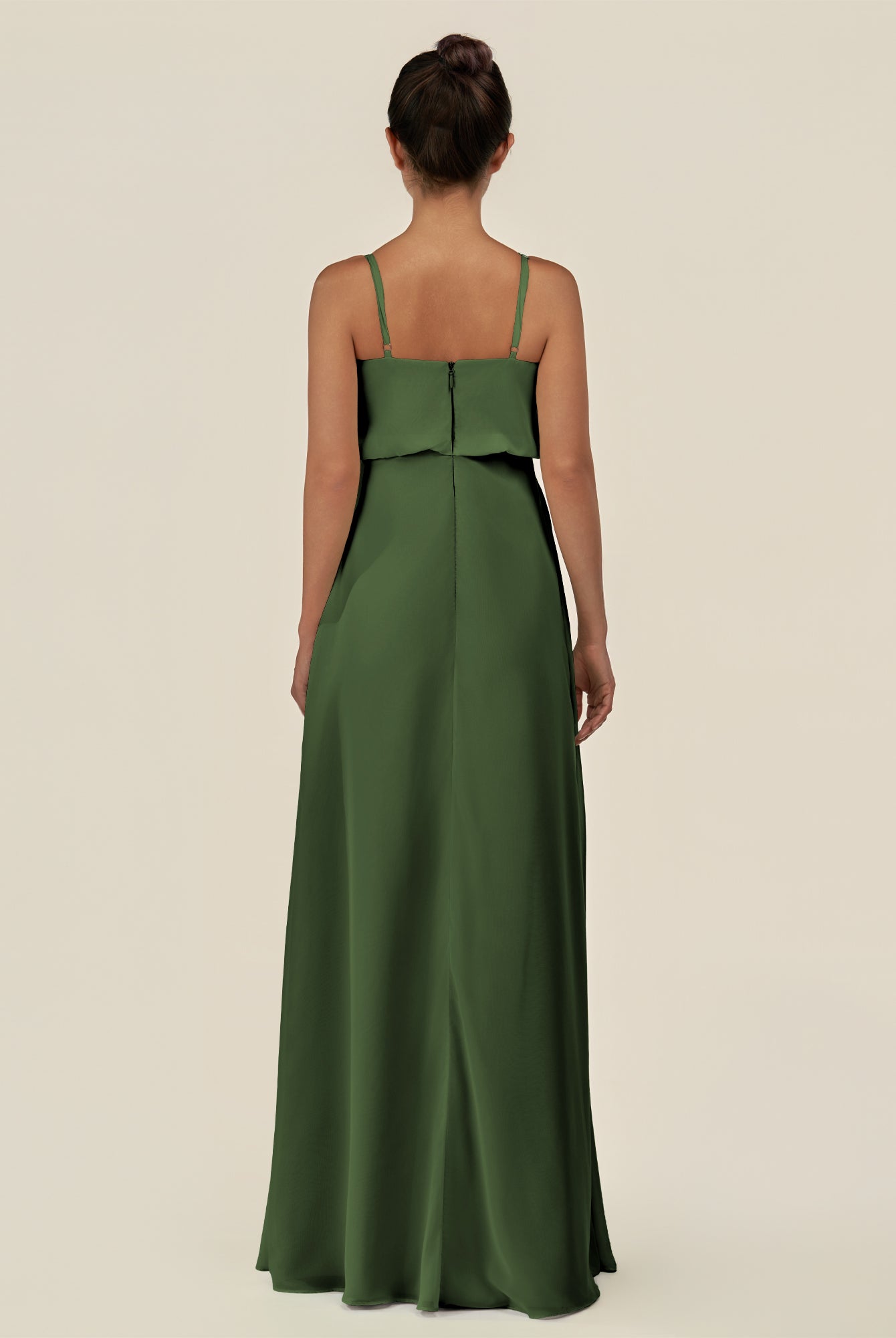 KissDress-Alix Moss A Line Chiffon V Neck Ruffled Overlay Long Bridesmaid Dress