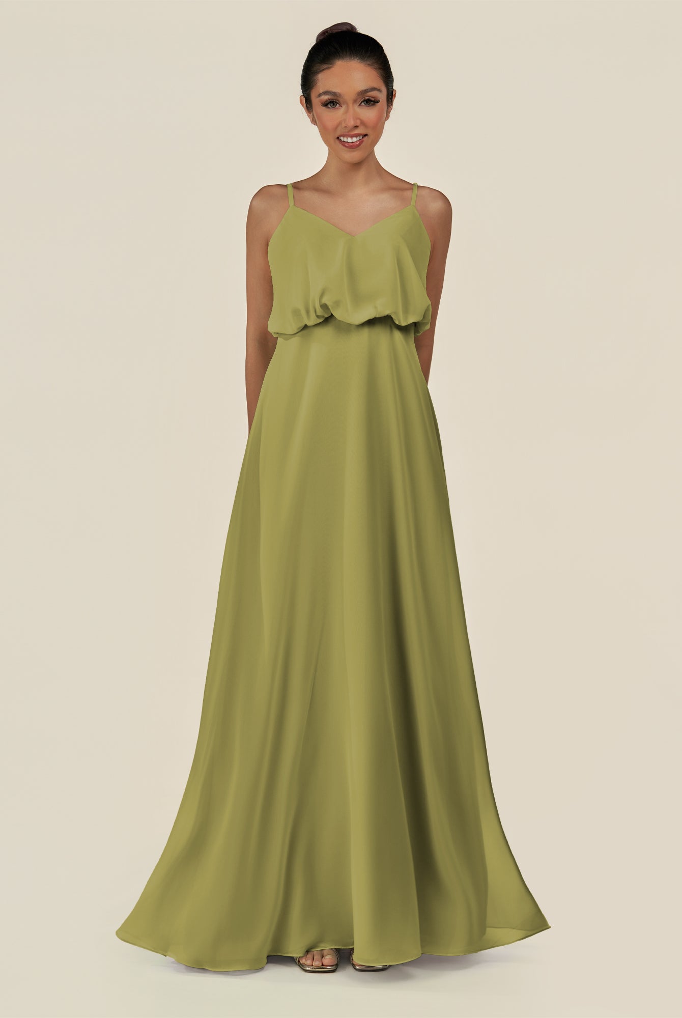 KissDress-Alix Moss Green A Line Chiffon V Neck Ruffled Overlay Long Bridesmaid Dress