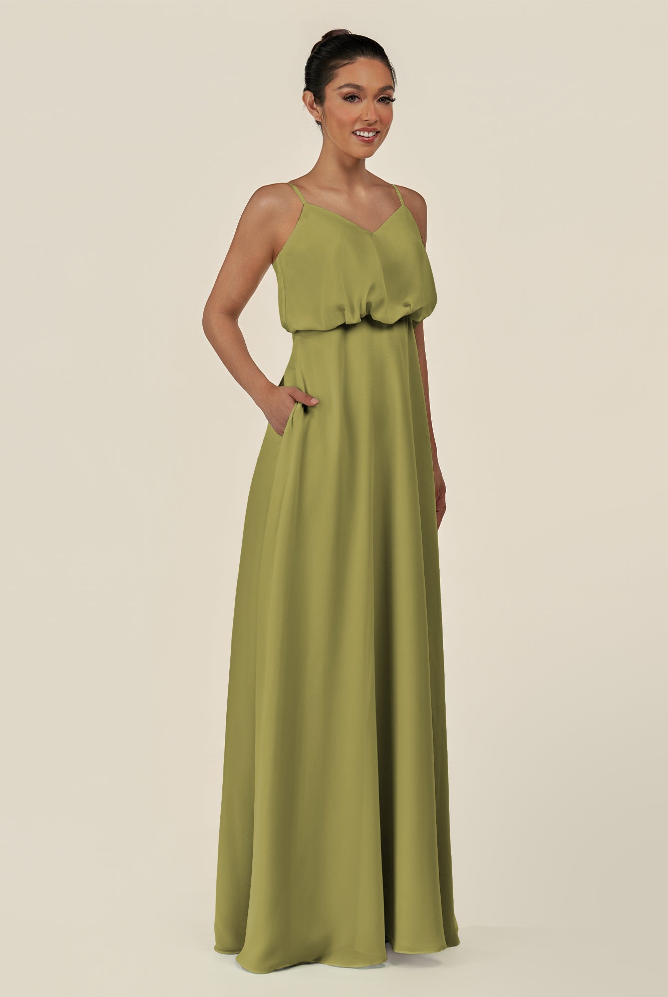 KissDress-Alix Moss Green A Line Chiffon V Neck Ruffled Overlay Long Bridesmaid Dress