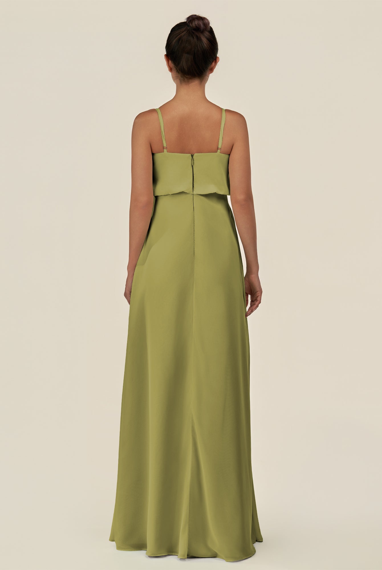 KissDress-Alix Moss Green A Line Chiffon V Neck Ruffled Overlay Long Bridesmaid Dress