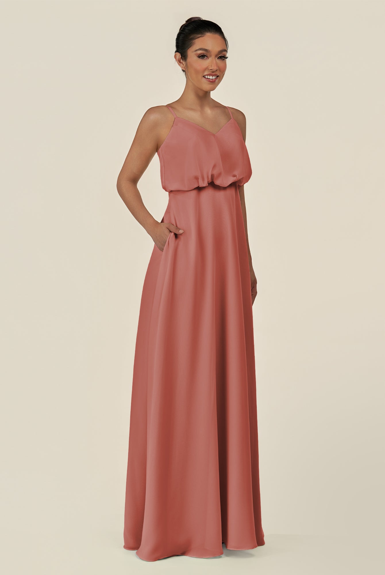 KissDress-Alix Mulberry A Line Chiffon V Neck Ruffled Overlay Long Bridesmaid Dress