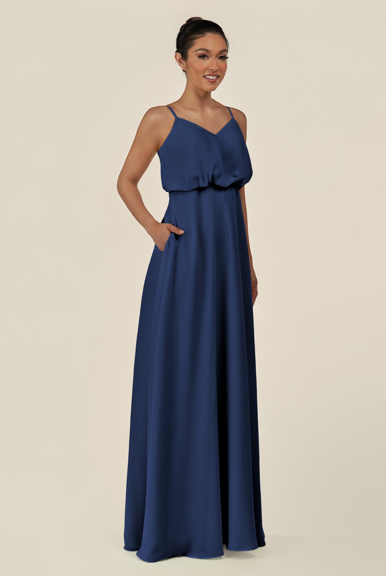 KissDress-Alix Navy A Line Chiffon V Neck Ruffled Overlay Long Bridesmaid Dress