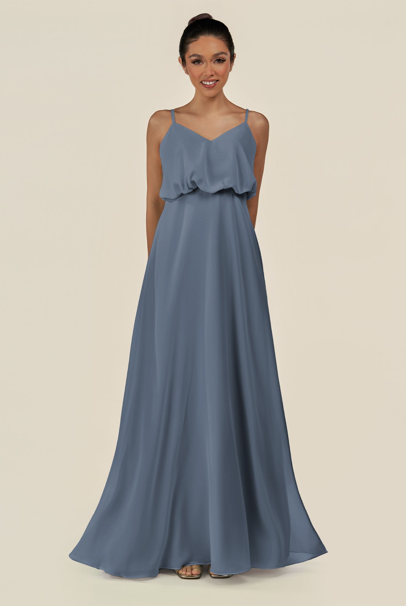 KissDress-Alix Neptune A Line Chiffon V Neck Ruffled Overlay Long Bridesmaid Dress