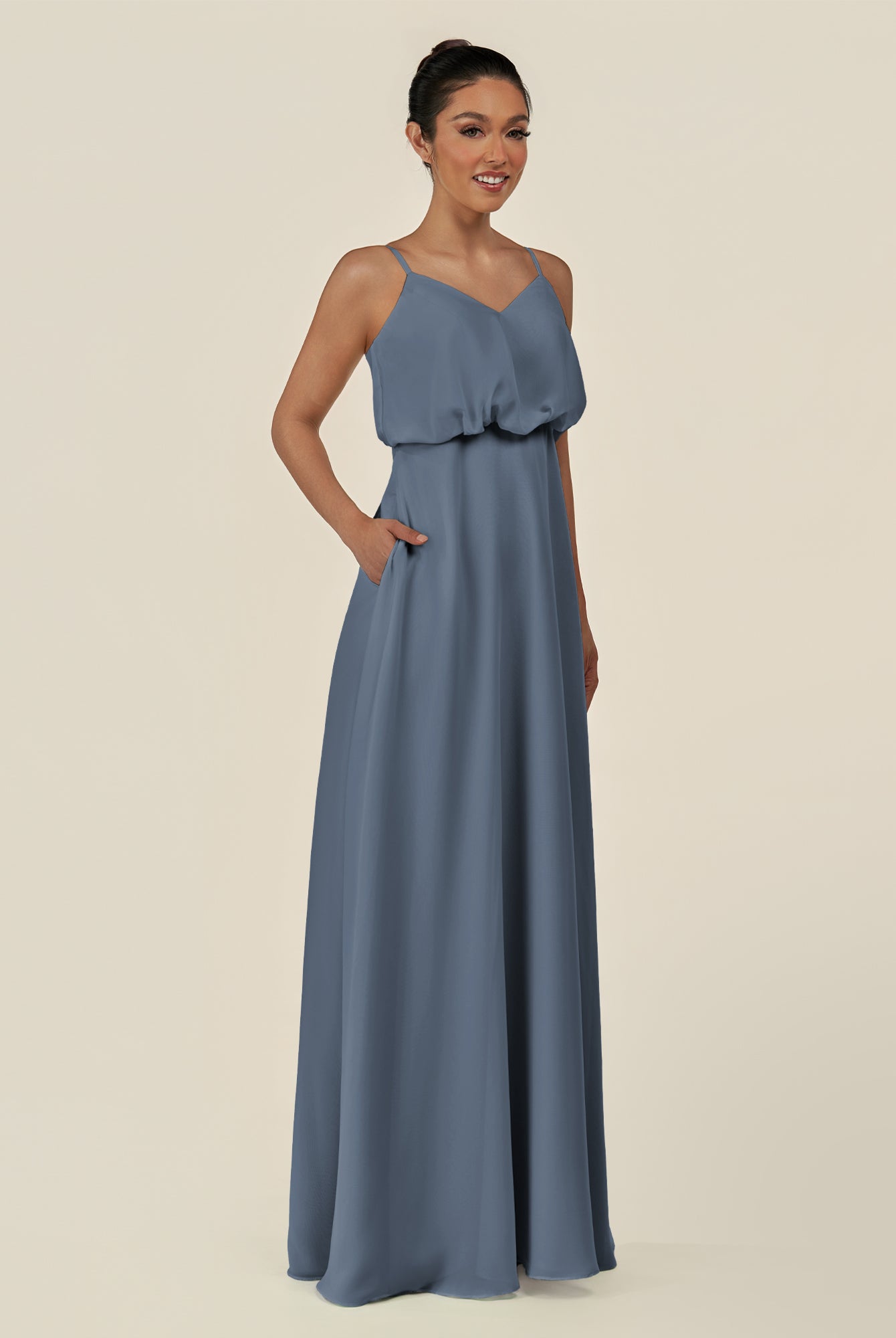 KissDress-Alix Neptune A Line Chiffon V Neck Ruffled Overlay Long Bridesmaid Dress