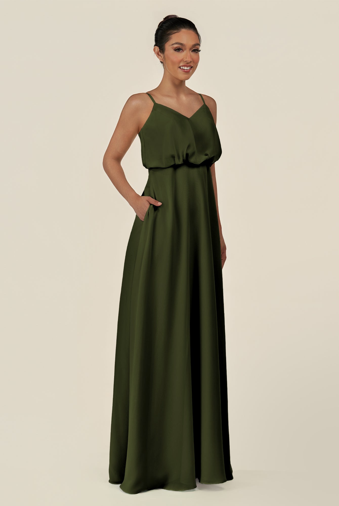KissDress-Alix Olive A Line Chiffon V Neck Ruffled Overlay Long Bridesmaid Dress