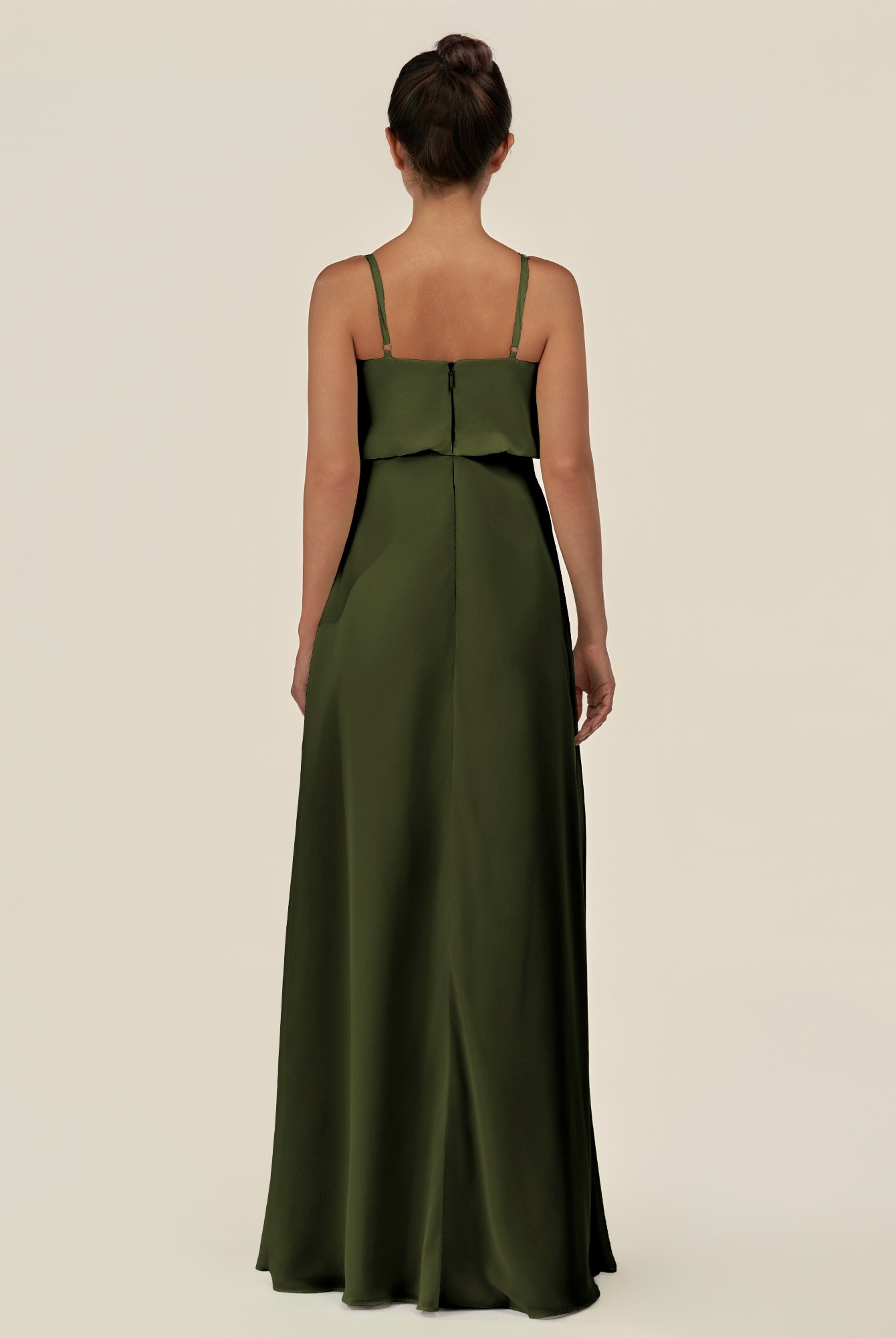 KissDress-Alix Olive A Line Chiffon V Neck Ruffled Overlay Long Bridesmaid Dress