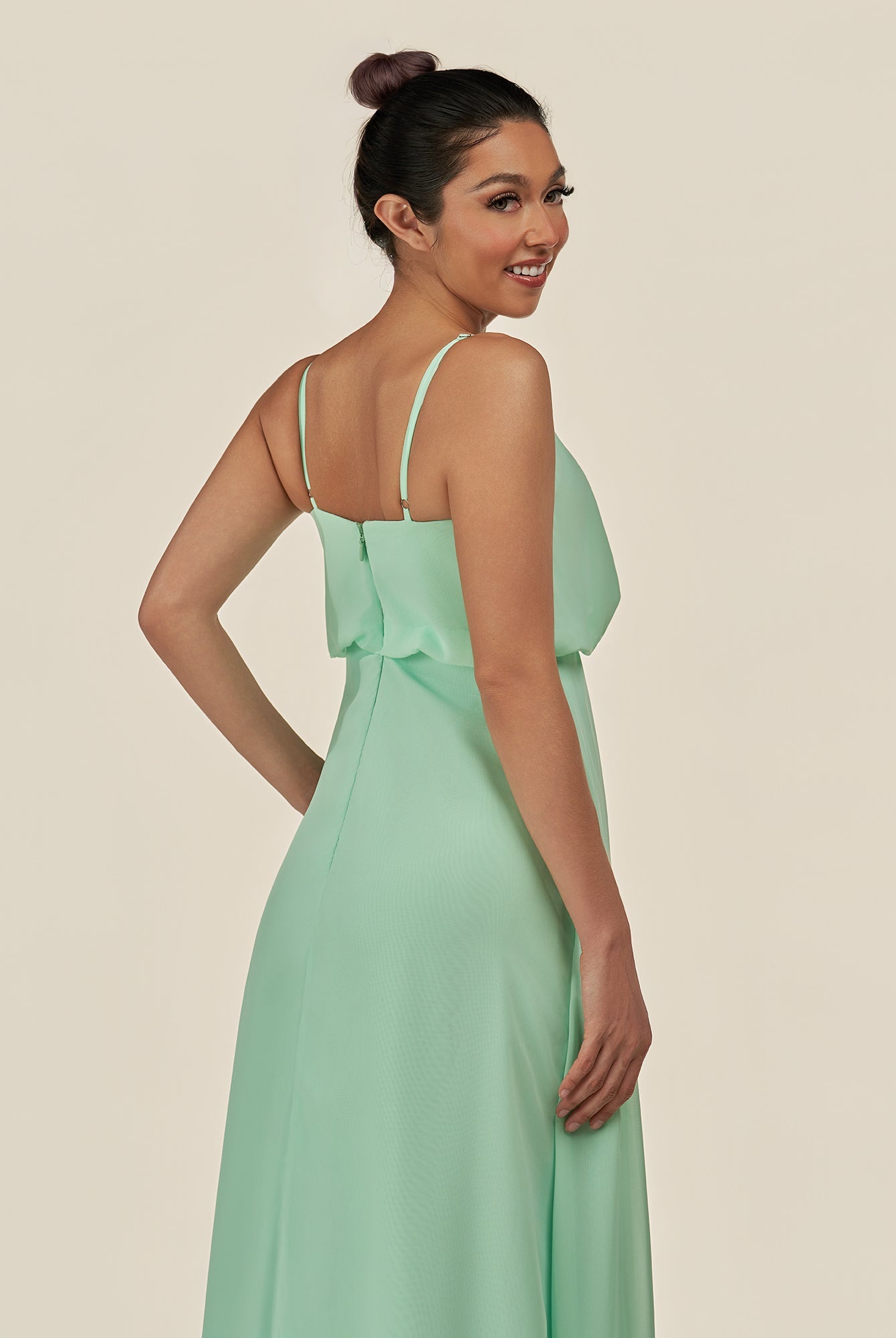 KissDress-Alix Pale Pistachio A Line Chiffon V Neck Ruffled Overlay Long Bridesmaid Dress
