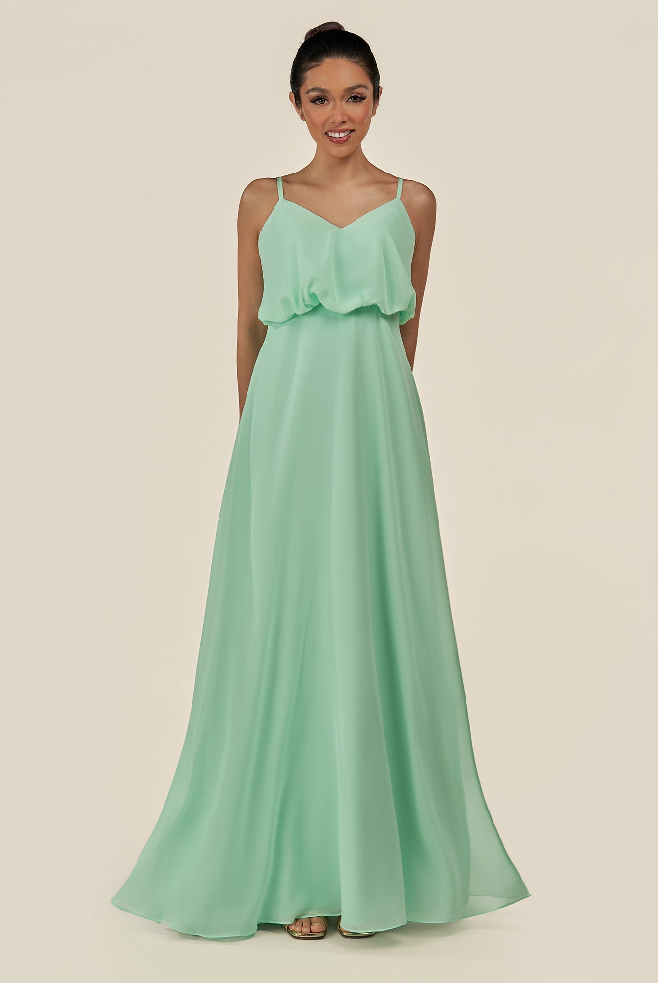 KissDress-Alix Pale Pistachio A Line Chiffon V Neck Ruffled Overlay Long Bridesmaid Dress