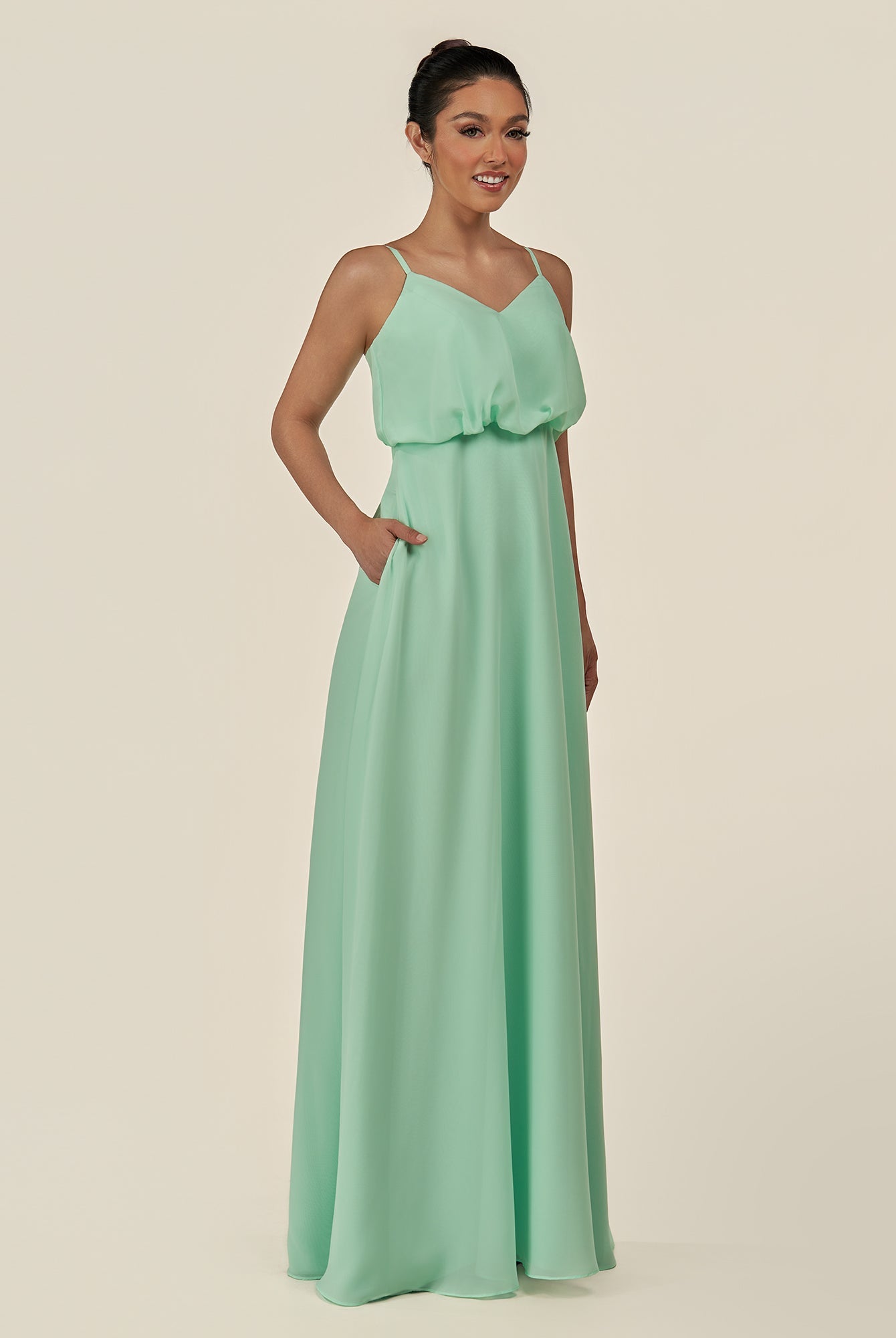 KissDress-Alix Pale Pistachio A Line Chiffon V Neck Ruffled Overlay Long Bridesmaid Dress