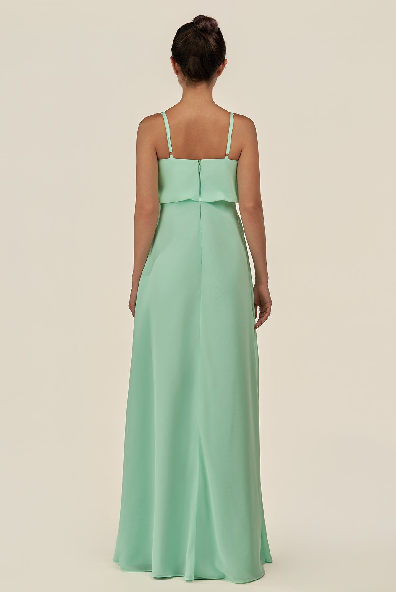 KissDress-Alix Pale Pistachio A Line Chiffon V Neck Ruffled Overlay Long Bridesmaid Dress