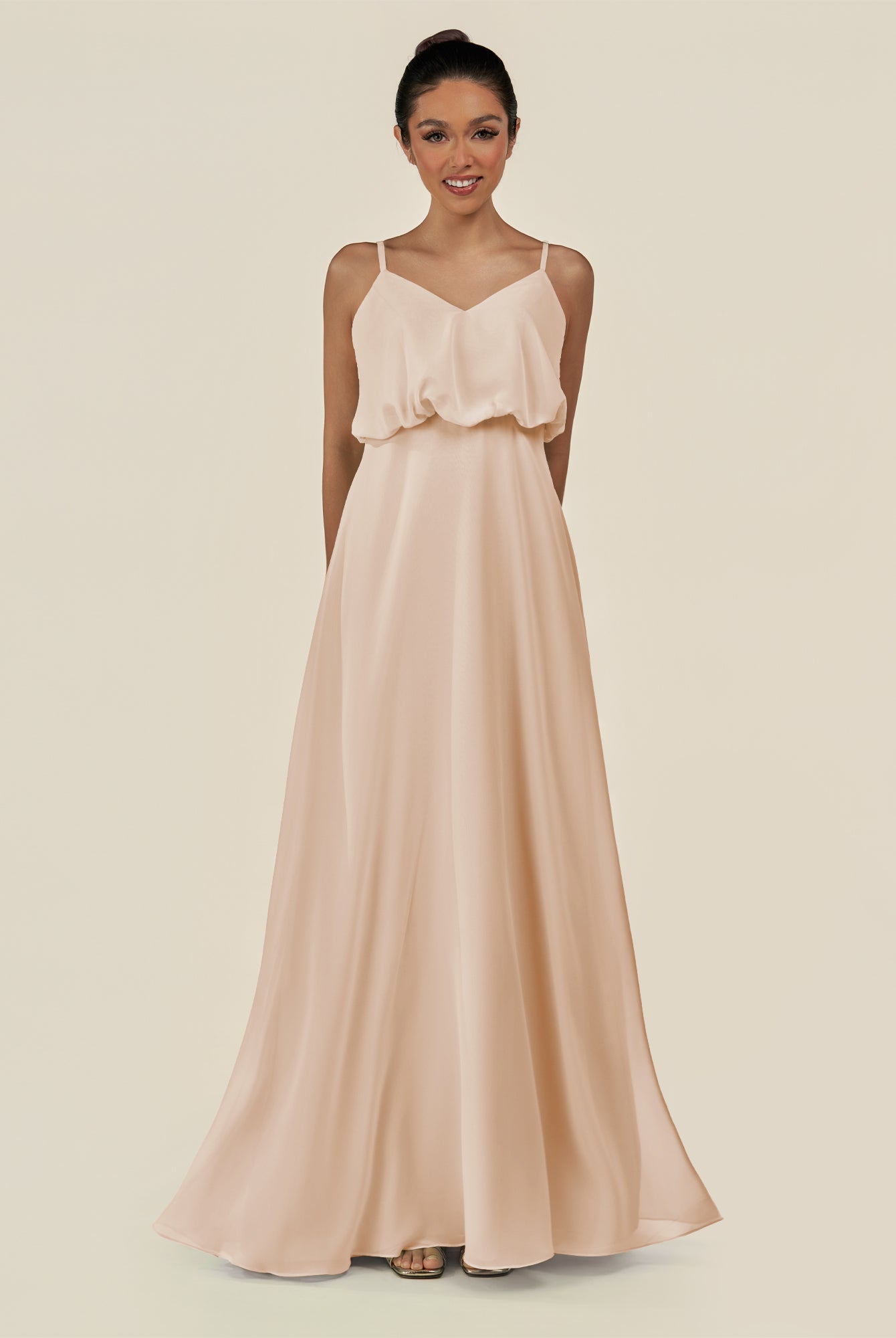 KissDress-Alix Pale Blush A Line Chiffon V Neck Ruffled Overlay Long Bridesmaid Dress