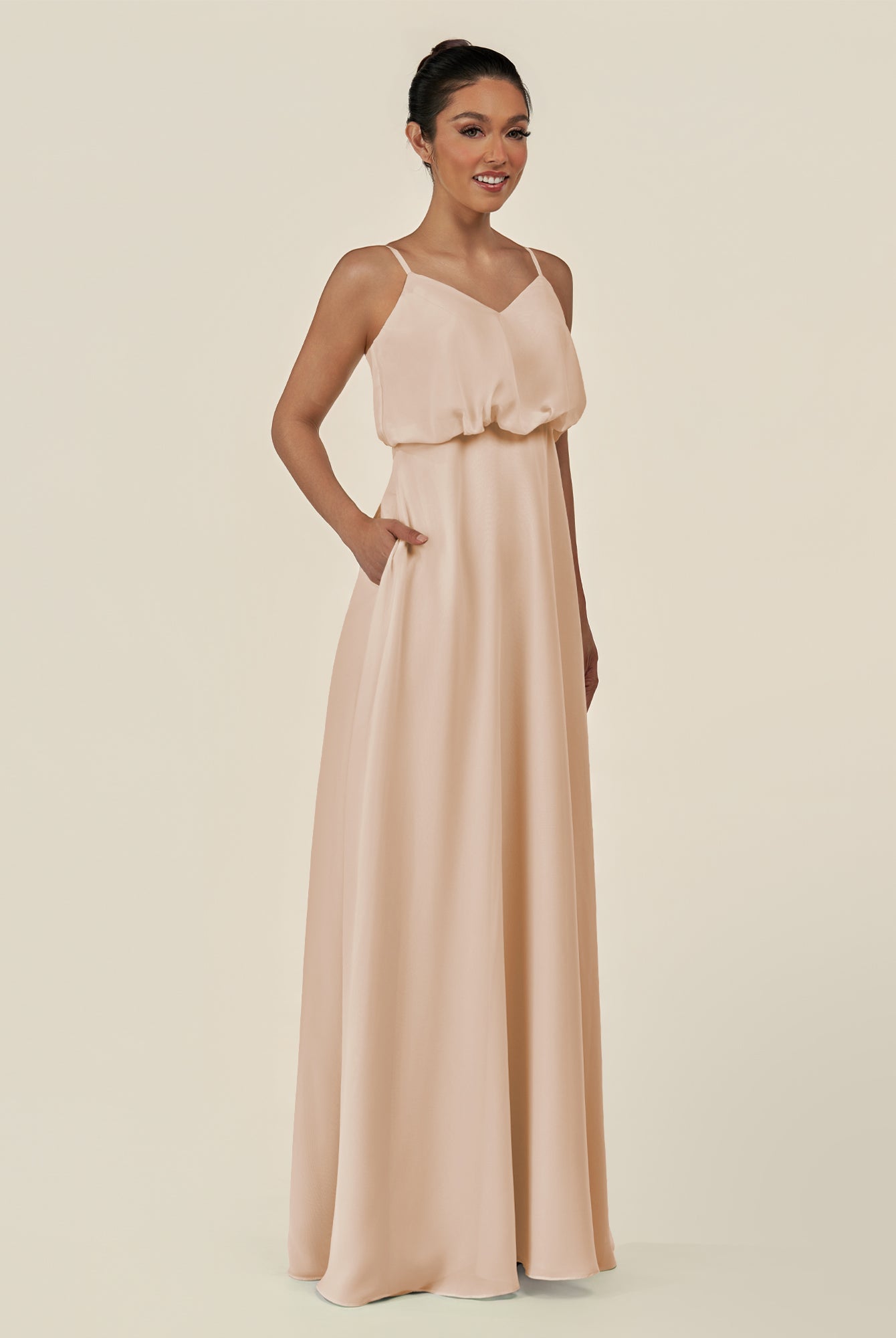 KissDress-Alix Pale Blush A Line Chiffon V Neck Ruffled Overlay Long Bridesmaid Dress