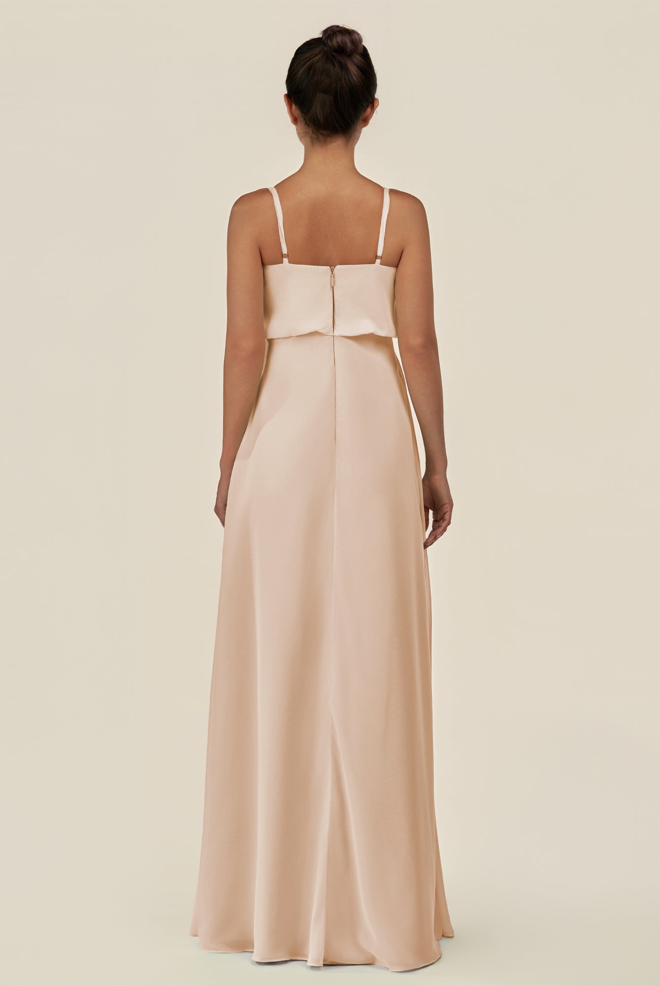 KissDress-Alix Pale Blush A Line Chiffon V Neck Ruffled Overlay Long Bridesmaid Dress