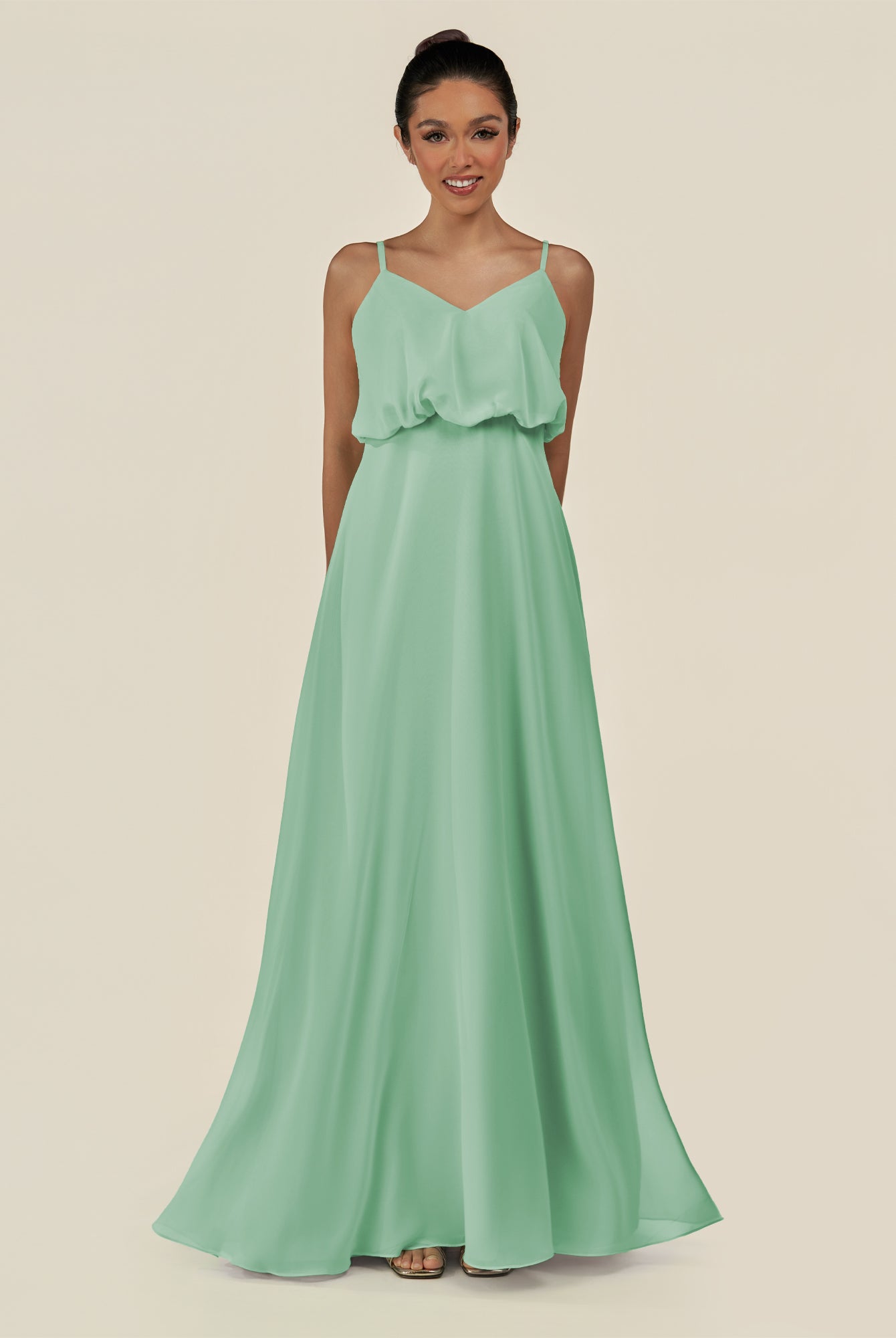 KissDress-Alix Pale Pistachio A Line Chiffon V Neck Ruffled Overlay Long Bridesmaid Dress