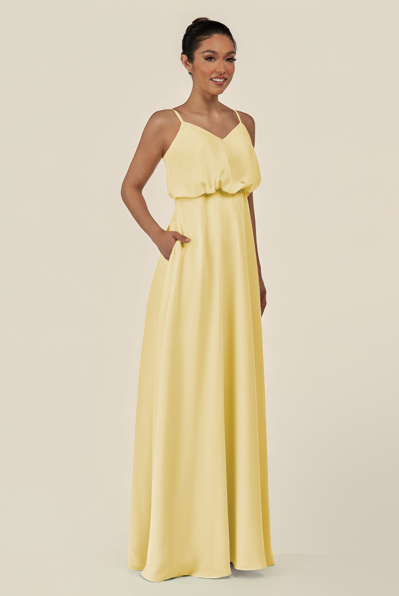 KissDress-Alix Pastel Yellow A Line Chiffon V Neck Ruffled Overlay Long Bridesmaid Dress
