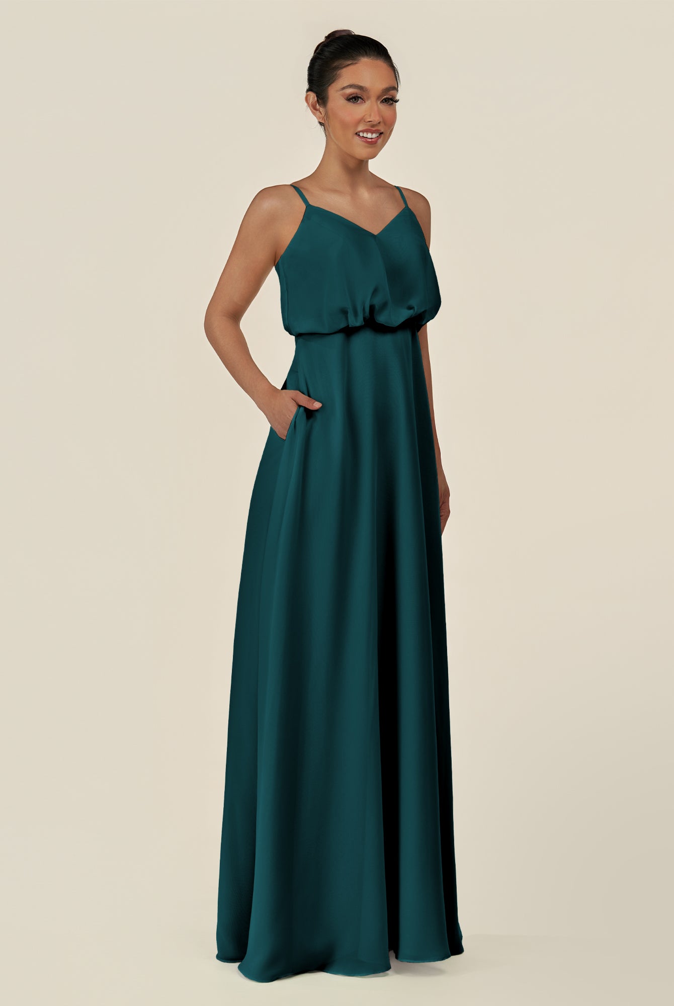 KissDress-Alix Pine A Line Chiffon V Neck Ruffled Overlay Long Bridesmaid Dress