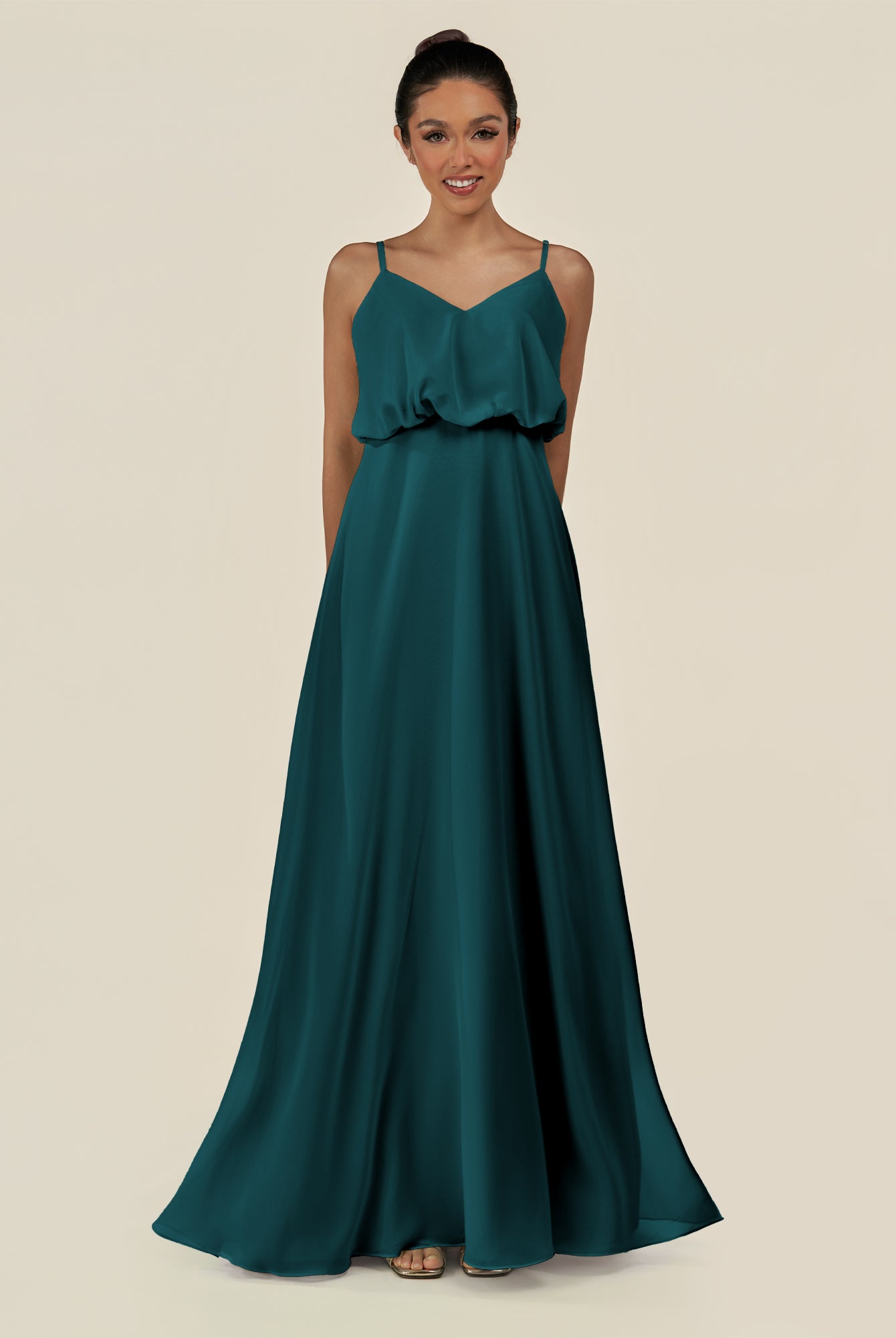 KissDress-Alix Pine A Line Chiffon V Neck Ruffled Overlay Long Bridesmaid Dress