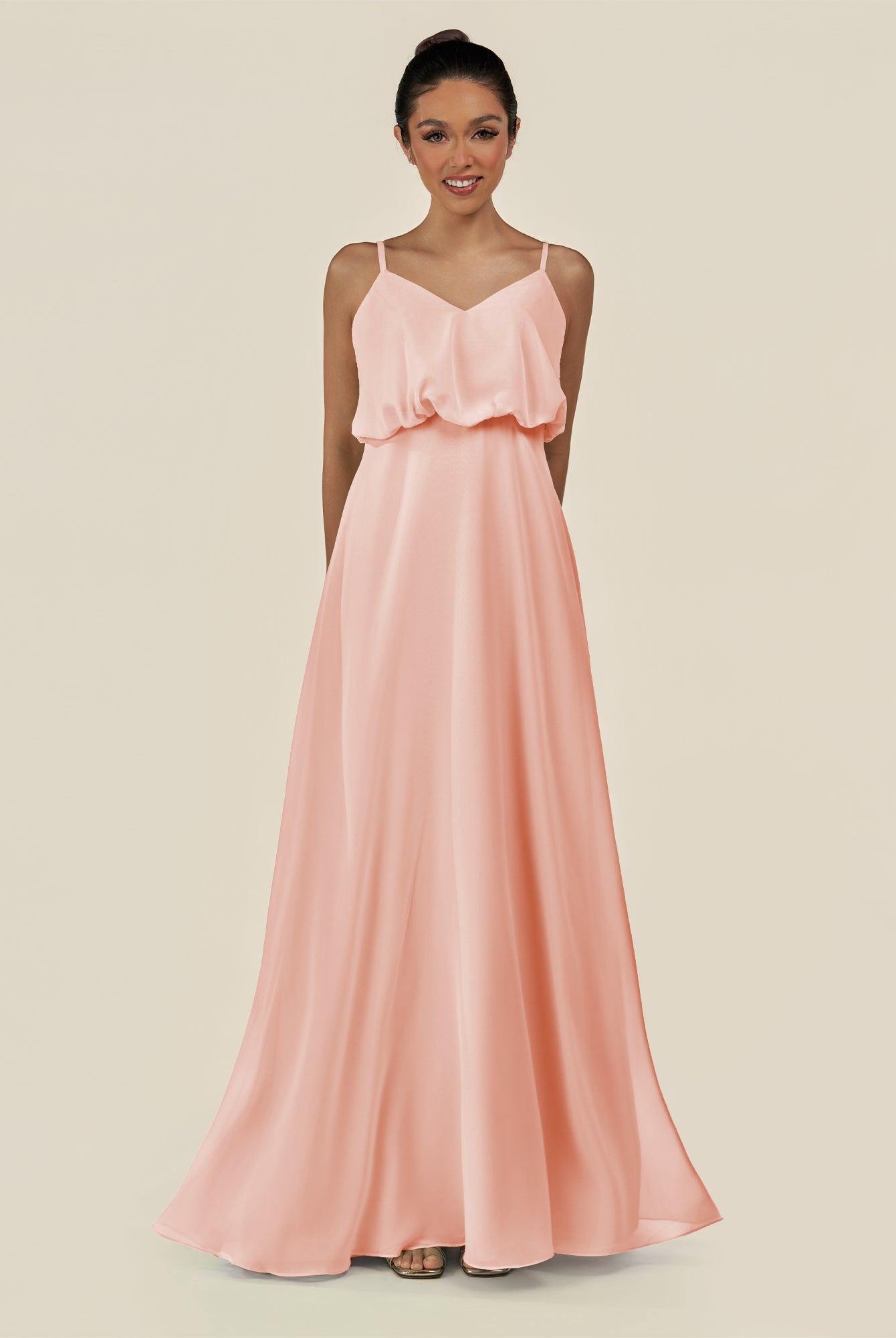 KissDress-Alix Rose Petal A Line Chiffon V Neck Ruffled Overlay Long Bridesmaid Dress