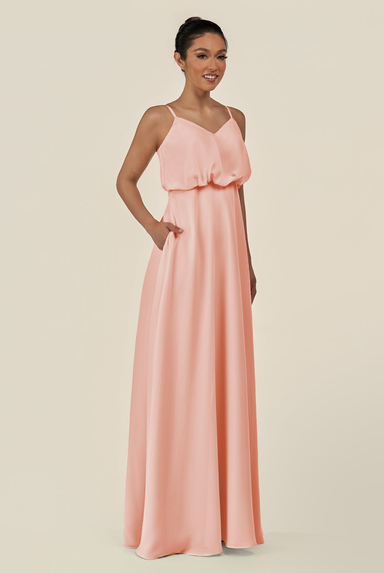 KissDress-Alix Rose Petal A Line Chiffon V Neck Ruffled Overlay Long Bridesmaid Dress