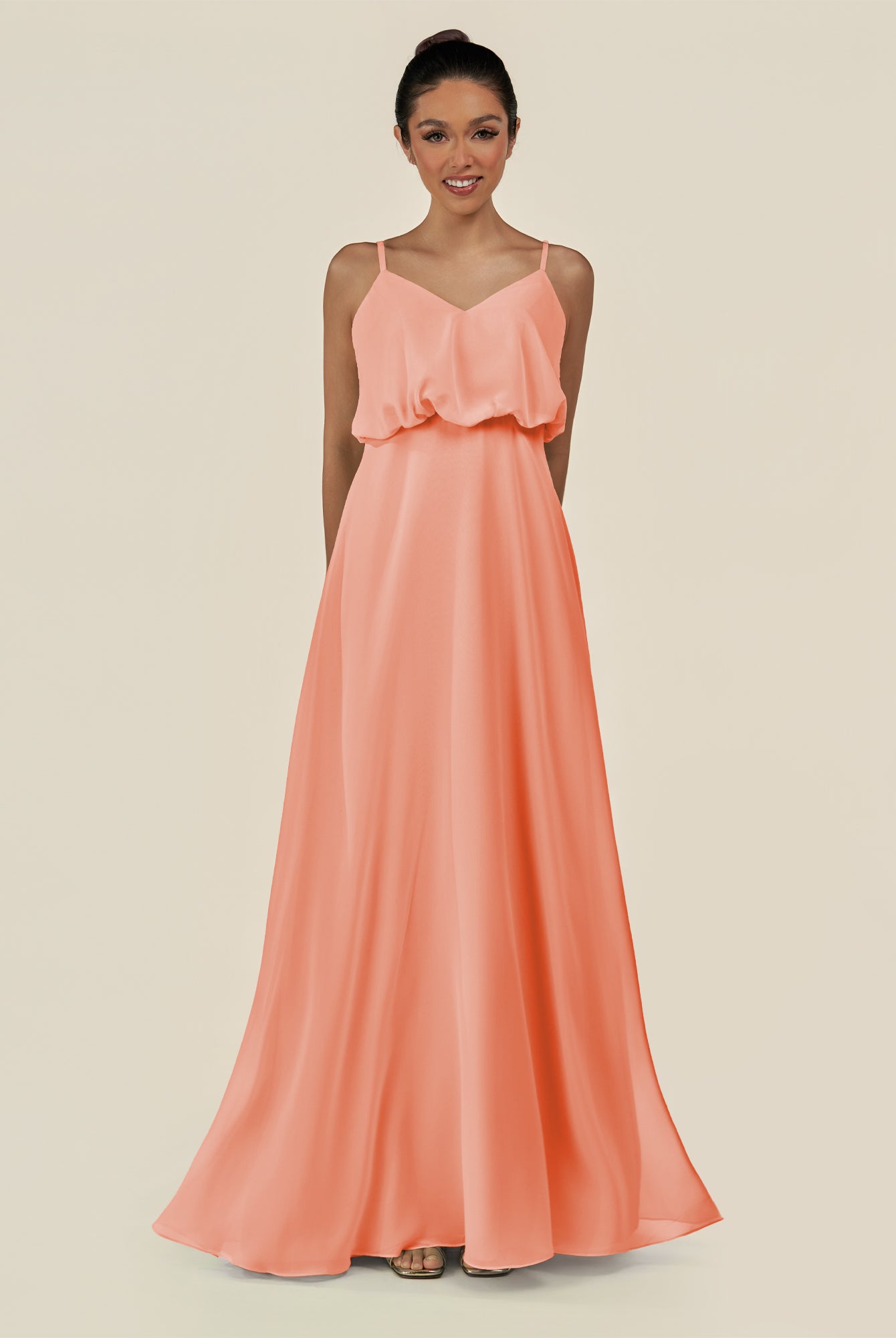 KissDress-Alix Rosette A Line Chiffon V Neck Ruffled Overlay Long Bridesmaid Dress