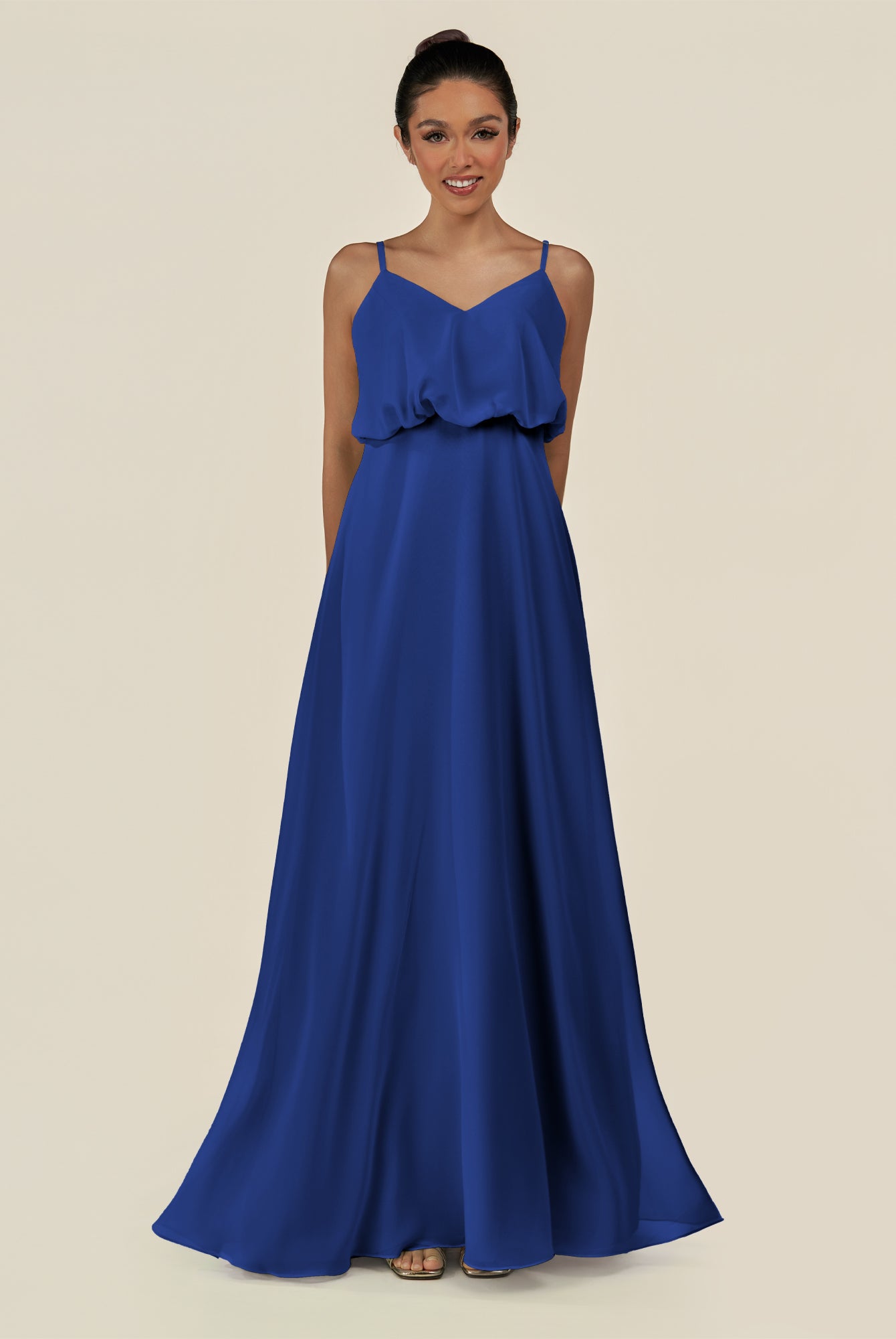 KissDress-Alix Royal Blue A Line Chiffon V Neck Ruffled Overlay Long Bridesmaid Dress