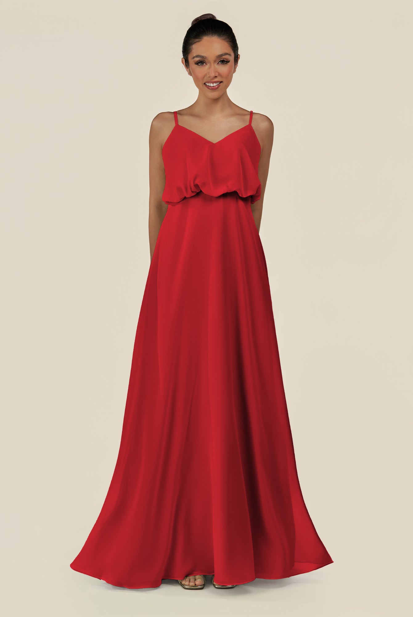 KissDress-Alix Ruby Red A Line Chiffon V Neck Ruffled Overlay Long Bridesmaid Dress