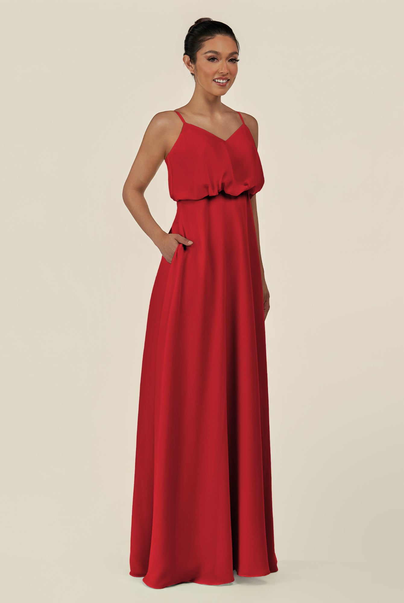 KissDress-Alix Ruby Red A Line Chiffon V Neck Ruffled Overlay Long Bridesmaid Dress