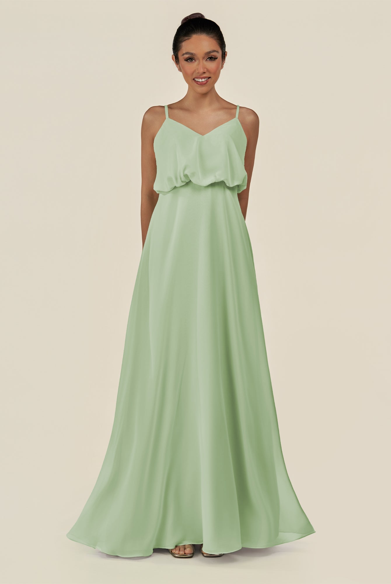 KissDress-Alix Sage A Line Chiffon V Neck Ruffled Overlay Long Bridesmaid Dress
