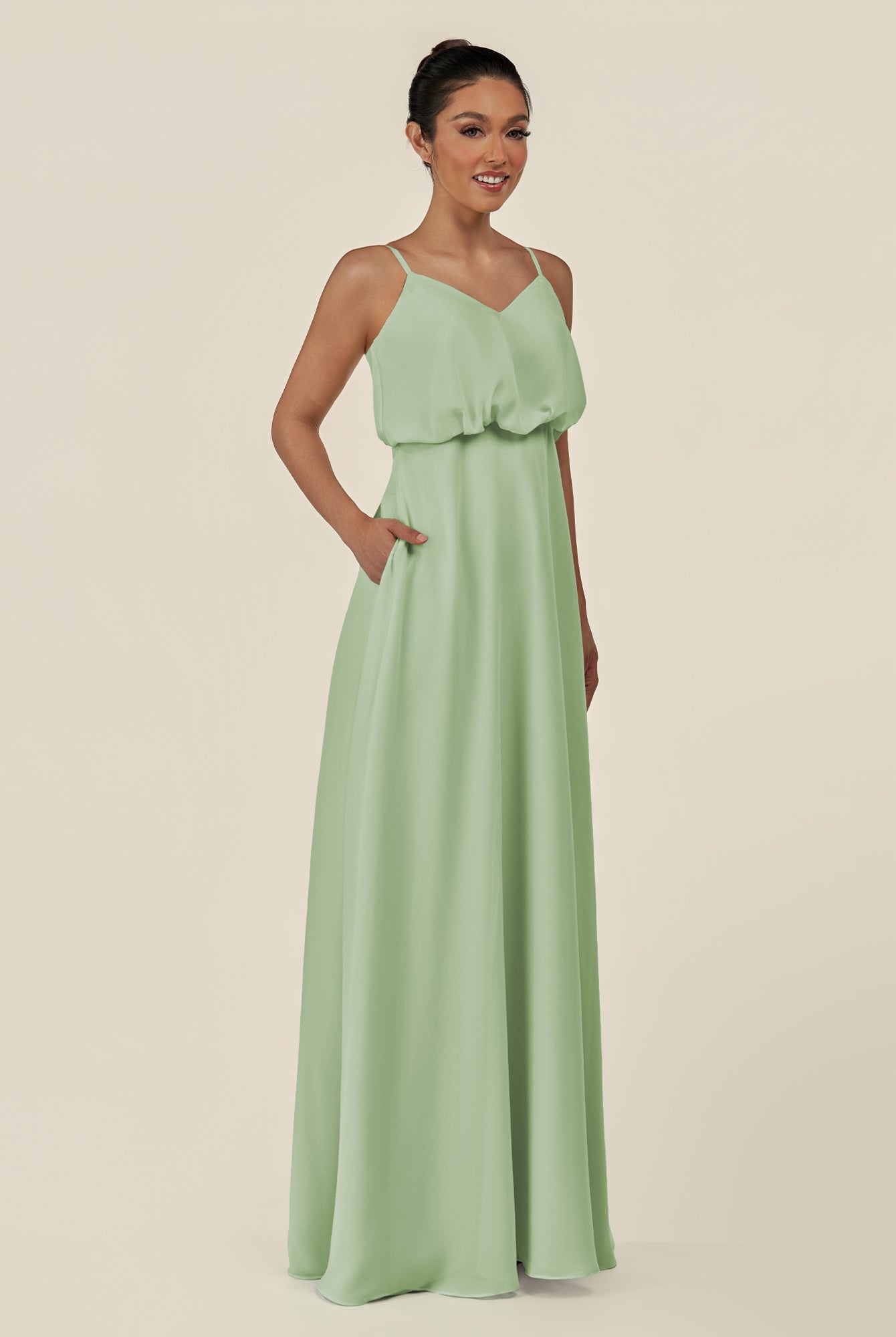KissDress-Alix Sage A Line Chiffon V Neck Ruffled Overlay Long Bridesmaid Dress