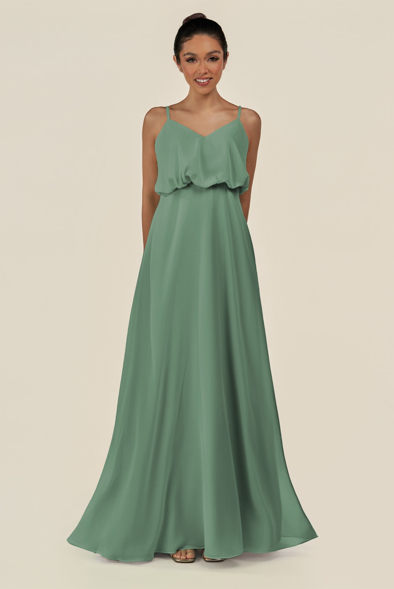 KissDress-Alix Sea Glass A Line Chiffon V Neck Ruffled Overlay Long Bridesmaid Dress