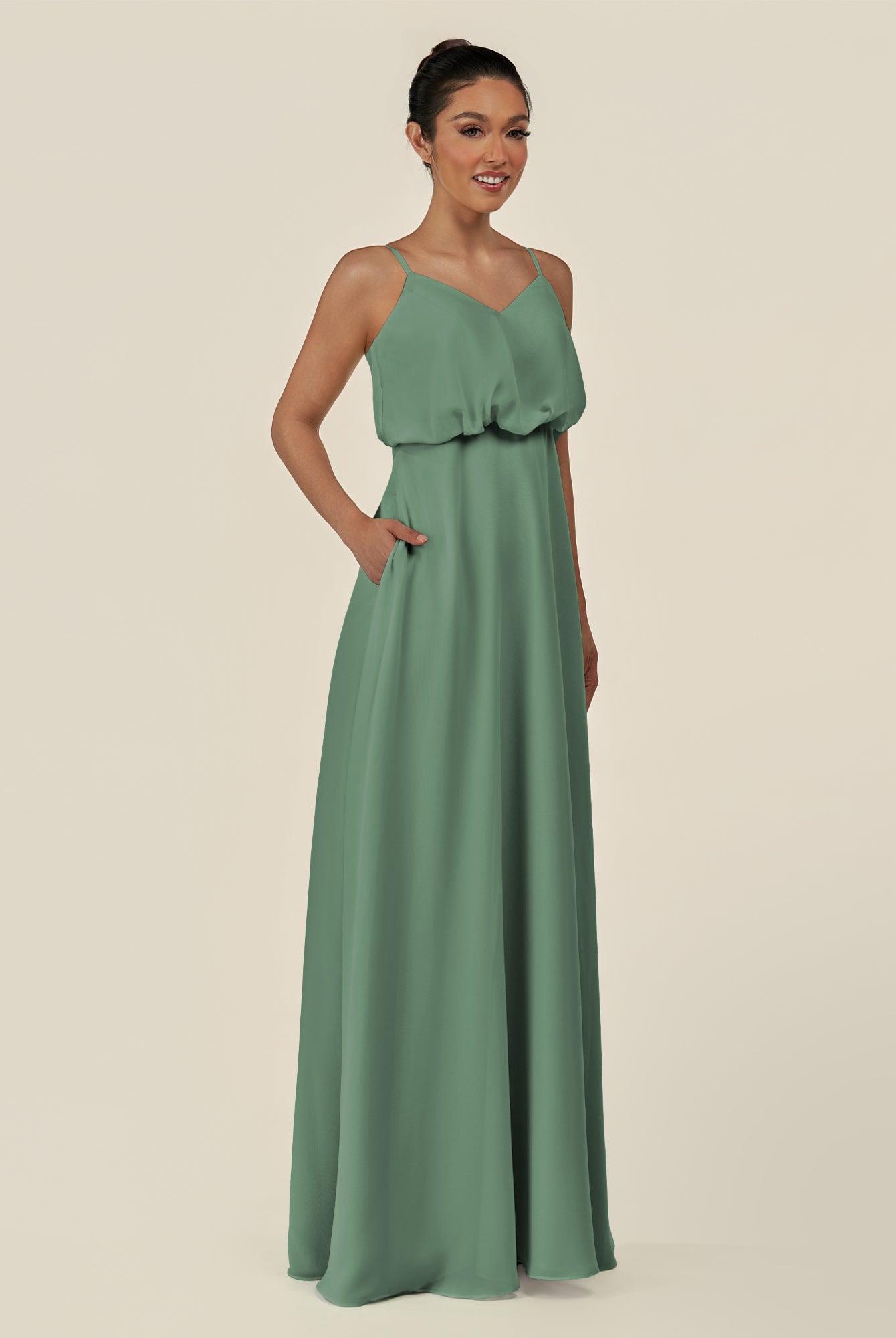 KissDress-Alix Sea Glass A Line Chiffon V Neck Ruffled Overlay Long Bridesmaid Dress