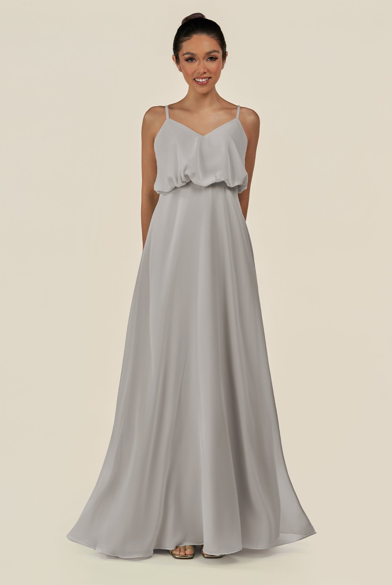 KissDress-Alix Silver A Line Chiffon V Neck Ruffled Overlay Long Bridesmaid Dress