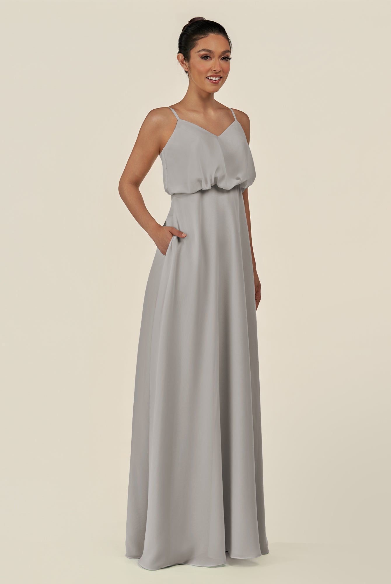 KissDress-Alix Silver A Line Chiffon V Neck Ruffled Overlay Long Bridesmaid Dress