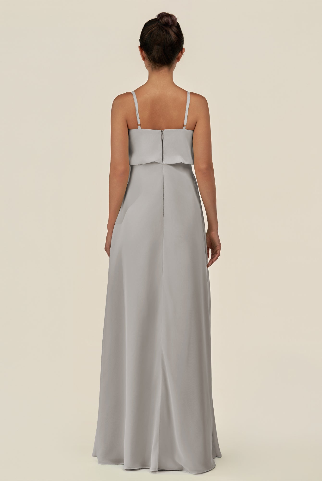 KissDress-Alix Silver A Line Chiffon V Neck Ruffled Overlay Long Bridesmaid Dress