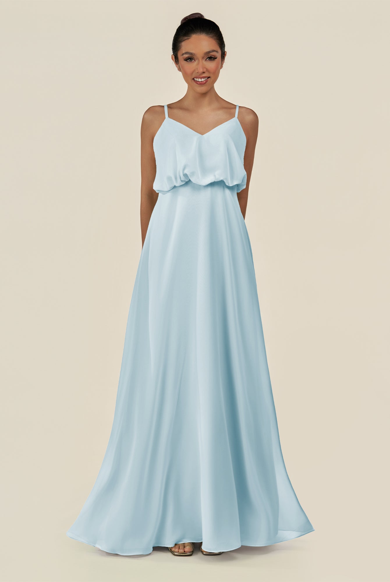 KissDress-Alix Sky Blue A Line Chiffon V Neck Ruffled Overlay Long Bridesmaid Dress