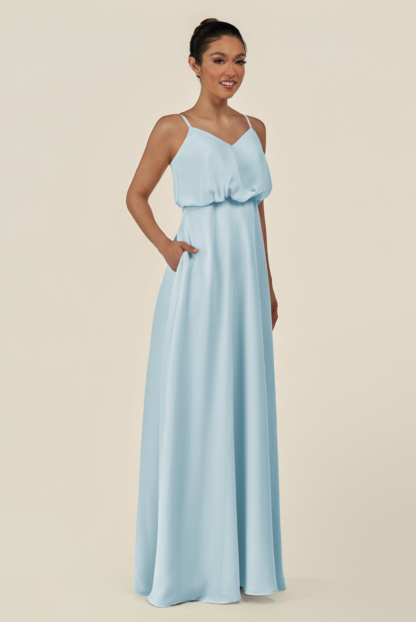 KissDress-Alix Sky Blue A Line Chiffon V Neck Ruffled Overlay Long Bridesmaid Dress