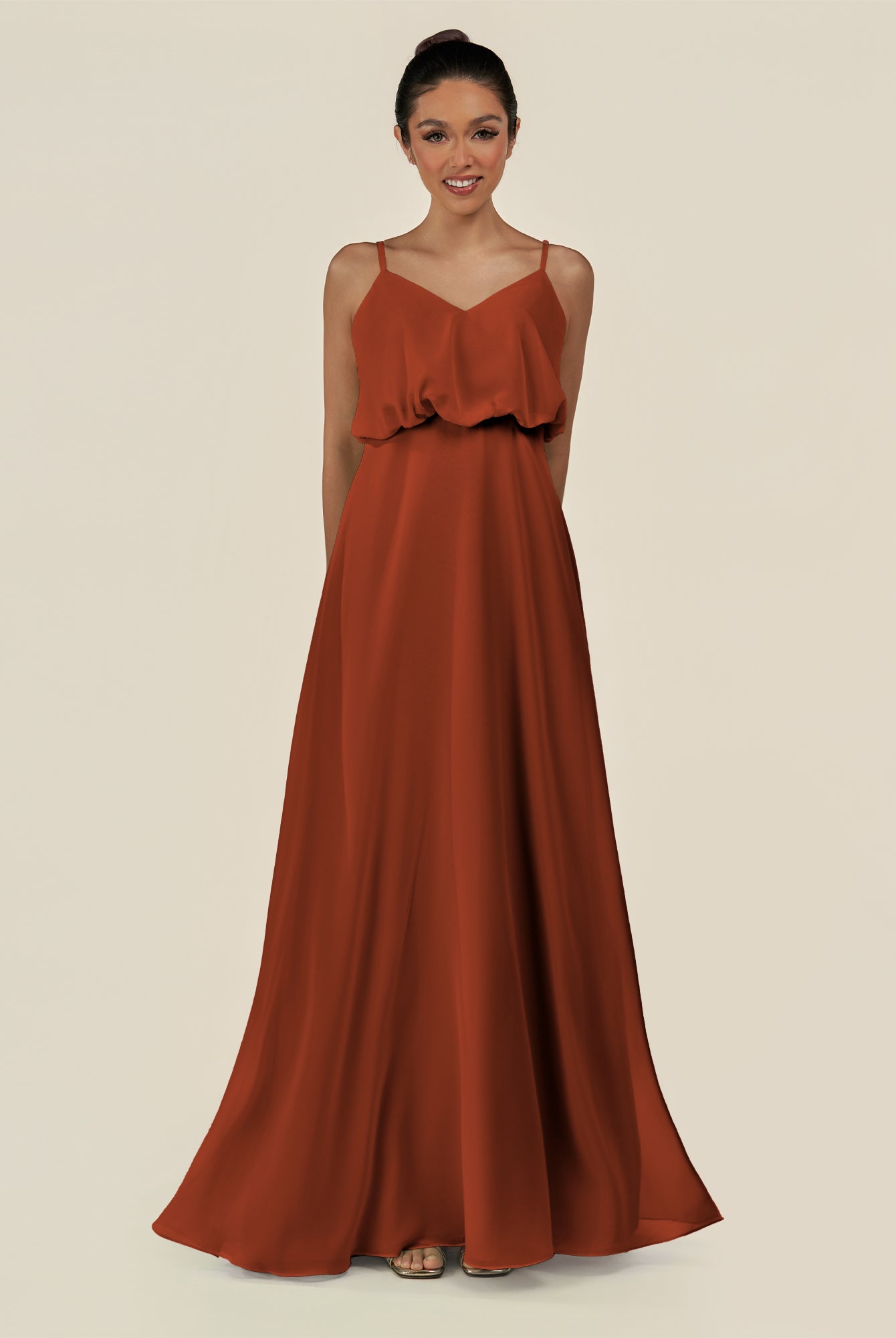 KissDress-Alix Spice A Line Chiffon V Neck Ruffled Overlay Long Bridesmaid Dress