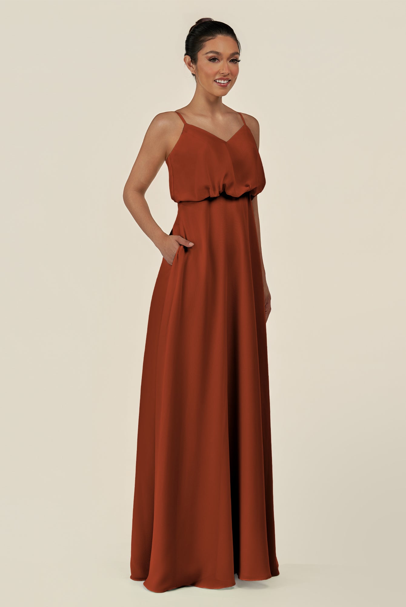 KissDress-Alix Spice A Line Chiffon V Neck Ruffled Overlay Long Bridesmaid Dress