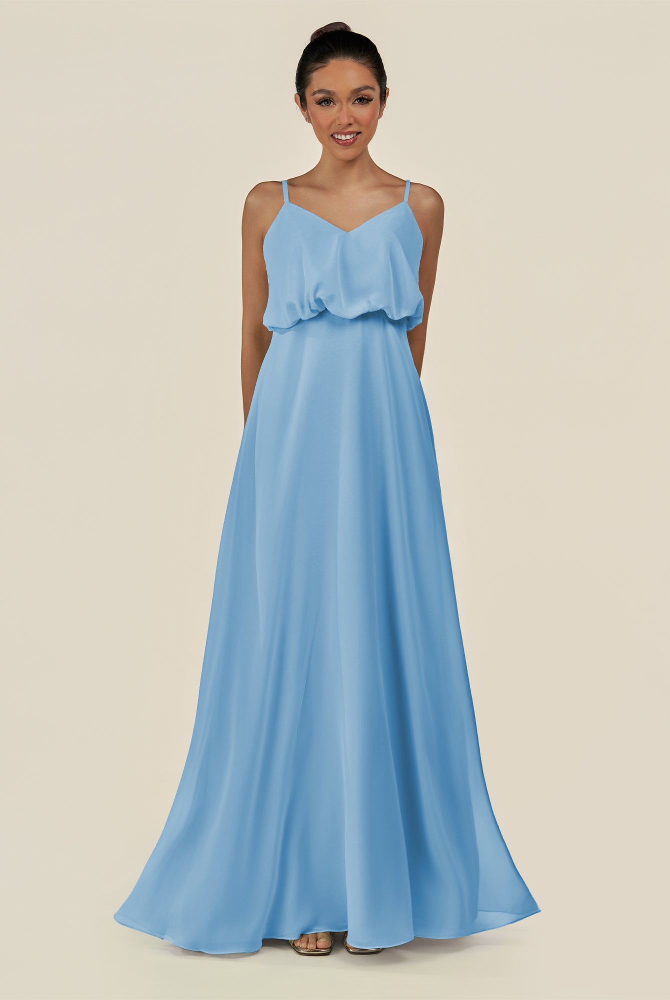 KissDress-Alix Steel Blue A Line Chiffon V Neck Ruffled Overlay Long Bridesmaid Dress