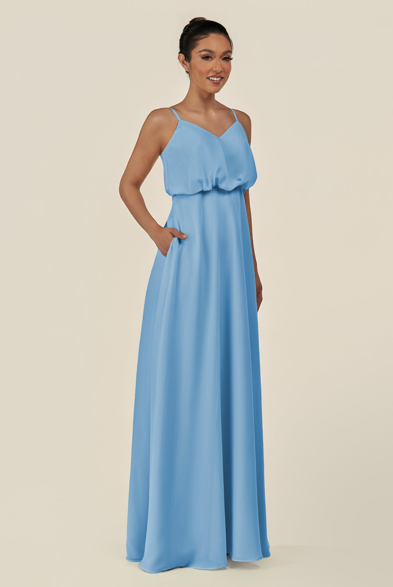 KissDress-Alix Steel Blue A Line Chiffon V Neck Ruffled Overlay Long Bridesmaid Dress